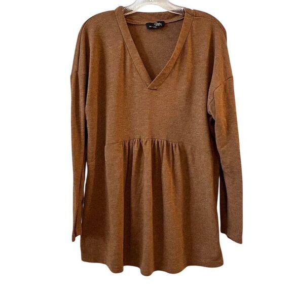 Suzanne Betro Women's XL Brown V-Neck Long Sleeve Babydoll Top - Picture 1 of 6